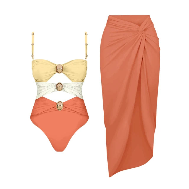 MOMSUITE© - Farveblok Skær ud Badedragt+Wrap-sæt